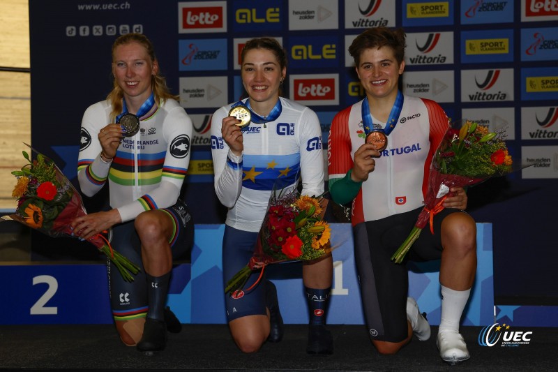 2025 UEC Track Elite European Championships - Zolder  - Day1 - 12/02/2025 - Women's Scratch Race - Martina Fidanza (Italy) - Lorena Wiebes (Netherlands) - Maria Martins (Portugal) - photo Roberto Bettini/SprintCyclingAgency?2025